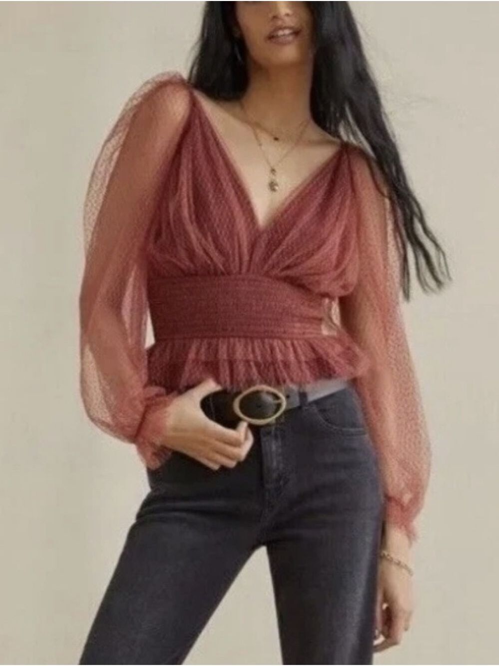 By Anthropologie Tulle Smocked V Neck Top In Rust Size Large